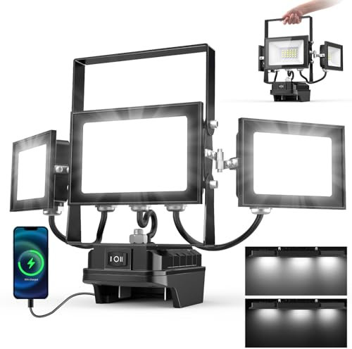 papasbox Lámpara de batería para foco de construcción inalámbrico de 18v Luz de trabajo LED 90W | IP65 resistente al agua 6500K blanco frío M-akita obra obras tipo con carga por 2 USB (sin batería)