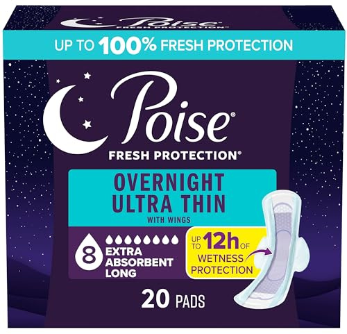 Poise Overnight Ultra Thin Incontinence & Postpartum Pads with Wings for Bladder Leaks, 8 Drop Extra Absorbent, Long Length, 20 Count