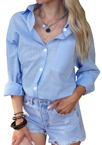Camisa de lino para mujer, camisas casuales de algodón con botones, blusas elegantes para el trabajo y oficina, verano y primavera