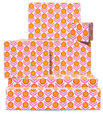 Retro julpapper - 6 ark presentpapper blommor till henne - retro gula och orange blommor - födelsedag bröllop sommar - återvinningsbar - av Central 23