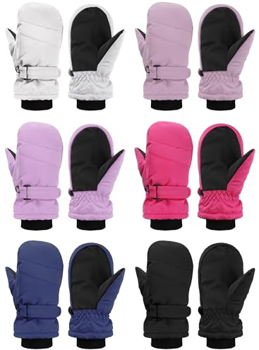 Newcotte 6 Pairs Winter Ski Mittens Kids Waterproof Warm Snow Gloves for Boys Girls Cold Weather Outdoor Activities(White, Light Pink, Dark Pink, Rose Red, Navy, Black,5-8 Years)