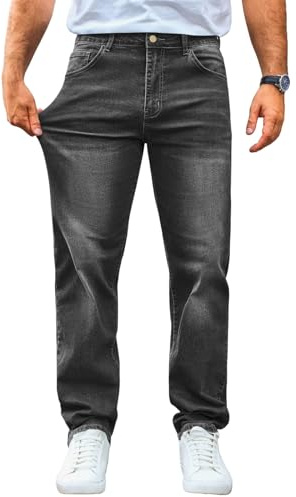 Runcati Jeans da uomo, vestibilità dritta, pantaloni in denim elasticizzati, casual, basic, Nero , L