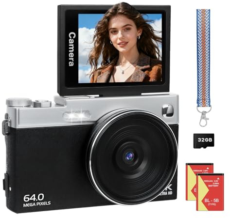 Cámara Digital 4K 64MP con Pantalla Giratoria 180° - Camara de Fotos 16X Zoom Autofoco, Videocámara 3.0'' IPS, 2 Baterías 1000mAh, Tarjeta 32GB, Webcam, Regalo para Niños/Principiantes/Vlogging