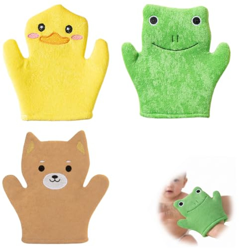Guantes de Baño de Microfibra 3 Piezas, Toallitas Suaves y Absorbentes para Bebés y Niños, Diseño de Animales (Pato, Rana, Oso), Manoplas Exfoliantes para Ducha e Higiene Infantil