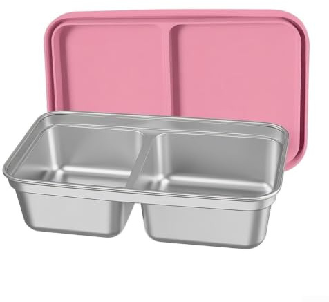 MKTOLHUS 2-pack rostfritt stål snacksbehållare, 2 fack stapelbar lunchlåda för barn småbarn, återanvändbara metallmatförvaringskoppar för skolresor, rosa grön, (grön)