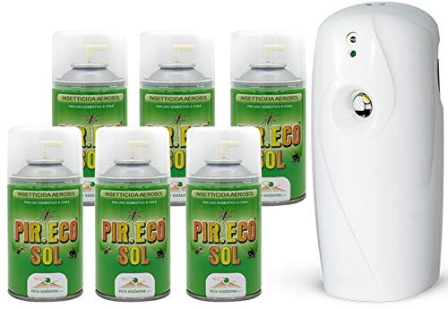 Palucart 6 bombole insetticida 250ml a Base di Piretro mosche e zanzare insetti striscianti + Erogatore night and day automatico programmabile
