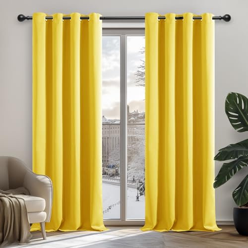 Deconovo Thermal Insulated Eyelet Blackout Curtains for Bedroom 66 x 54 Inch Mellow Yellow 2 Panels