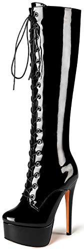 Soireelady Donne Moda Stivali Ginocchio Stiletto Heels, 15CM Stivali con Tacco Alto Plateau, Sexy Stivali Invernali, Stivali Stringati con Punta Tonda Nero EU36