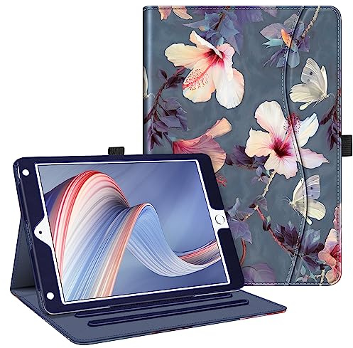 FINTIE Coque pour iPad 6e/5e Génération 9.7 Pouces (2018/2017) et iPad Air 2/Air 1 9.7 - Etui Multi-Angles Housse Folio avec Poche de Document, Hibiscus