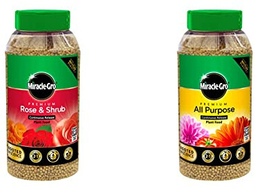 Miracle-Gro Premium Rose & Shrub Continuous Release Plant Food, 900G and Continuous Release All Purpose Plant Food, 900G