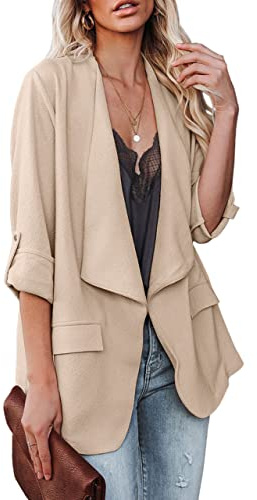 Womens Casual Blazer Jackets Roll Up Long Sleeve Open Front Work Office Business Blazers with Pockets Apricot