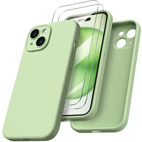 ORNARTO Cover per iPhone 15 Silicone 6.1 Pollici, con 2 Pellicola Vetro Temperato, Morbido Silicone Liquido Protezione, Antiurto Ultra-Sottile Protezione Custodia iPhone 15-Verde Chiaro