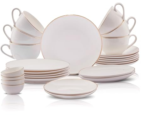 Karaca Marcelo Gold Breakfast Set for 6 People - 26-Piece Crockery Set with Plates and Bowls Set, New Generation Bone, Round Serveware Set & White Gold Dinner Set