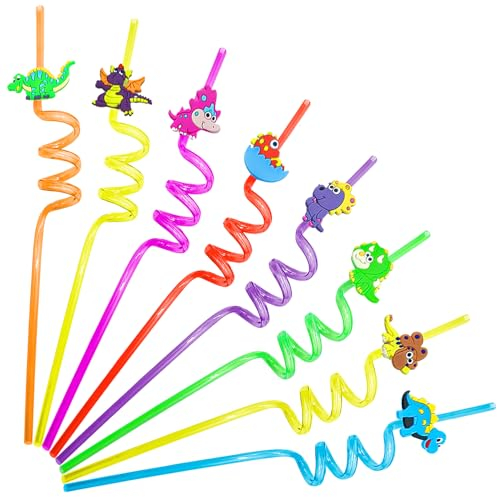 Cuackamily 8 Pcs Cannucce Riutilizzabile, Cannucce Ricurve Cannucce di Cartoon Straw Riutilizzabili, Dinosauro Cannucce Bambini per Cocktail Feste, Cannucce per Spiaggia, Piscina, Feste, Campeggio