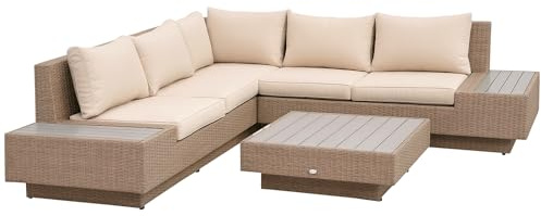 Outsunny Set Salotto da Giardino 4 Pezzi in Rattan, Set Mobili da Giardino con Divano da Esterno Angolare con Cuscini, Tavolini Laterali e Tavolo da Caffè, Marrone Chiaro