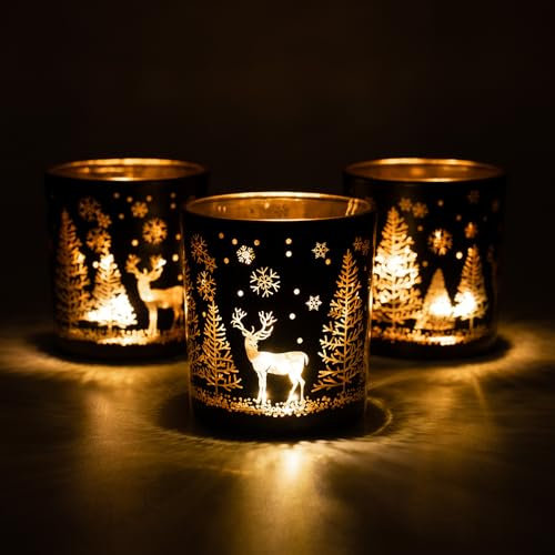 Toptime Christmas Candle Holder, Black and Gold Tea Light Candle Holders Set of 3, Xmas Glass Candle Holders with Stag Christmas Tree, Votive Candle Holder for Christmas, Party Table Decorations