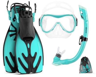 OutdoorMaster Marlin Kids Mask Fins Snorkel Set, Dry Top Snorkeling Gear with Adjustable Fins, Anti-Fog Snorkel Mask Set for Boys and Girls Age 5-16, S/M, Cyan