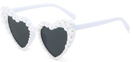 lokxmve Herz Sonnenbrille Perle Weiß Party Sonnenbrille Retro Herzform Herzbrille mit Perle Vintage Sonnenbrillen Damen Herren Partybrille Herzsonnenbrille für Hochzeit JGA Geburtstag Karneval