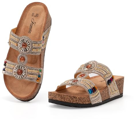 JOMIX Sandales Femme avec Fleurs Sandale Femmes Mule Compensé été Confortables pour Piscine Douche Mer et Plage(Beige,40)