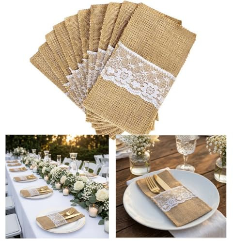 ThaiRoot Bestecktaschen Jute 10 Stück mit Weißer Spitze 21x11cm
