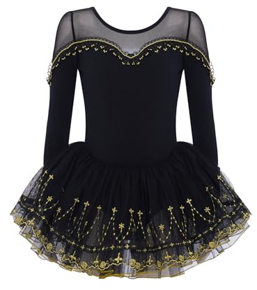 Zaldita Vestito da Balletto Tutu Ballerina per Ragazza Maniche Lunghe Abito da Danza Classica in Pizzo Patchwork Body da Ginnastica Saggio Pattinaggio Dancewear Nero 9-10 Anni