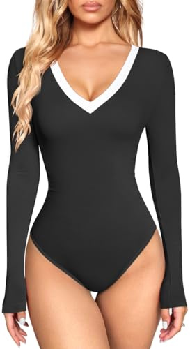 OQQ Women's Bodysuit Tops Contrast-Trim V Neck Long Sleeve Seamless Bodysuits Black