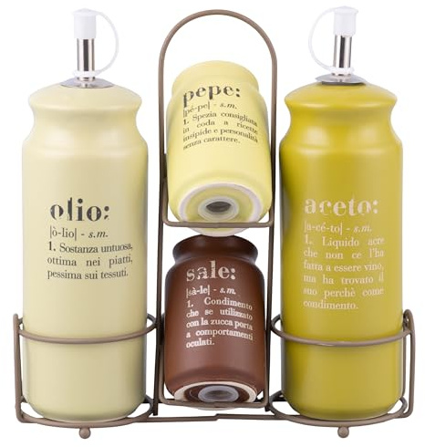 Set Olio, aceto, Sale e Pepe in gres, Stand in Acciaio Inox, Victionary Greenery