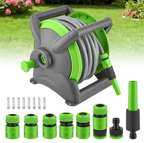 Wall Mounted Hose Reel 20M Hosepipe 1/2in & 3/4in Tap Adapter 7 Spray Modes & 5 Hose Pipe Connector UV50 Protection Against Sun and Frost Wall Mounted Garden Hose Reel for Lawn Patio Car Cleaning