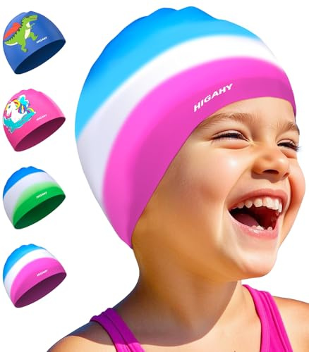 Badekappe Kinder - wasserdichte Badehaube für Jungen Mädchen, Silikon Schwimmkappe für 3-15 Jahre, Bequeme Badekappekinder mit UV-Schutz und rutschfest, Geeignet für Schwimmen Tauchen