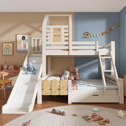 BTM Bunk Beds for Kids, Wooden Cabin Bed with Ladder and Slide, Multi-functional Tree-house Bed, Children's House Bed, Twin Sleeper (90+135) x 190 cm, Solid Wood, White