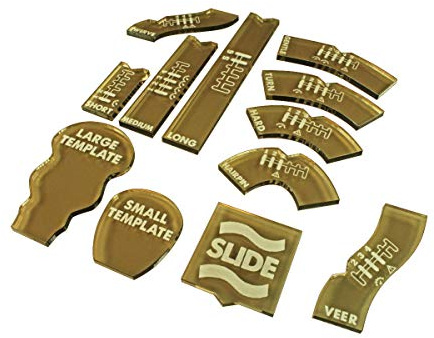 LITKO Template Set Compatible with Gaslands Miniatures Game | Set of 12 | Movement & Maneuvers | Turn Templates | Area Effect | Translucent Bronze (Half Scale Template Set)