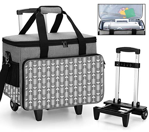 Yarwo Abnehmbare Nähmaschinentrolley, Nähmaschine Koffer mit Rollen , Nähmaschine Trolley Tasche mit unterer Stützplatte für die meisten Standard-Nähmaschinen und Zubehör, Grau mit Pfeilmuster