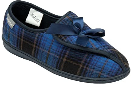 Dunlop Womens Slippers Ladies Orthopaedic Wide Fit Warm Lined Shoes Winter Slipper Adjustable Touch Fastening Comfy Warm Lined Classic Soft Closed Toe Fluffy Casual Comfortable (Elana Blue Tartan, 7)