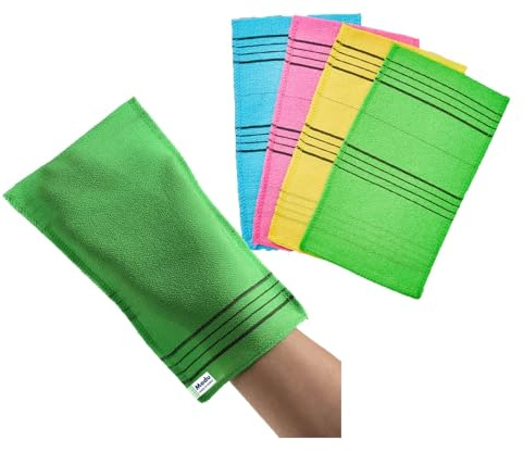 Modu Korean Exfoliating Mitts Large 4PCS (Green, Yellow, Sky Blue, Pink) – Exfoliating Gloves Body Scrubber Italy Towel Washcloth for Korean Spa at Home, Dead Skin Remover, 100% Vegan Viscose