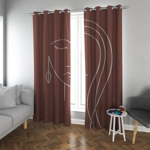 LEFEDA Modernes Schlafzimmer Verdunkelung Vorhänge Braun Abstrakte Weiße Linie Damen Umriss Wärmeisoliert mit Ösenvorhängen Wohnzimmer 2 Paneele 2xB132xH245cm