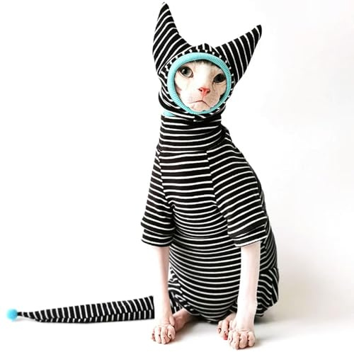 UOSIA Sphynx Cat Clothes Pajamas with Hat and Tail Cover Hairless Cat 4-Legged Warm Bodysuit Cat Coats Soft Cotton Cat Onesies Kitten Outfits Jumpsuits for Devon Rex,Puppy