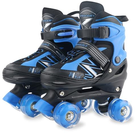 LOKJIJI Rollschuhe für Kinder Jungen Mädchen Anfänger, Einstellbar 4 Größen für Kinder und Jugendliche Teenager, Quad Schwarz&Blau Rollschuhe für Sport (Medium_32-36 EU)