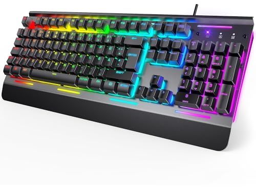 TECKNET RGB Gaming Tastatur für PC, Membran Tastatur mit 105 Tasten, Vollmetall-Pane, Handgelenkauflage,15-Zonen RGB Beleuchtung, 25 Anti-Ghosting-Tasten, Computer Keyboard, Deutsches Layout(QWERTZ)