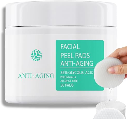 50 Anti-Aging Glycolic Acid Resurfacing Pads 35% for Face and Body Exfoliating with Vitamins B5, C & E, Green Tea Cleansing Peel