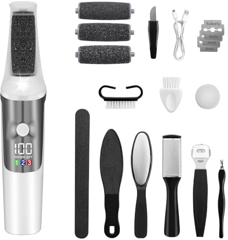 AOOWU Removedor Eléctrico de Callos de Pies, 3 Velocidades Ajustables Profesional Quita Durezas Electrico, Herramientas de Pedicura Recargables con 3 Cabezales de Rodillo Extraíbles para Piel Muerta