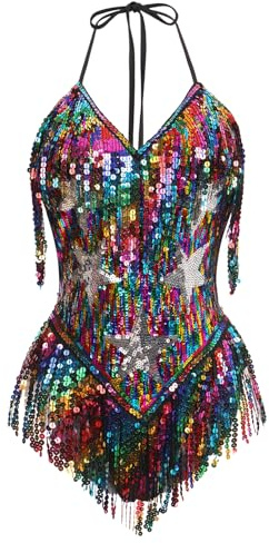 EFOGEP Women's Music Festival Bodysuit Sexy Halter V Neck Star Sequins Fringe Carnival Rave Outfit Dance Leotard Party Nightclub Halloween Costume Colorful S
