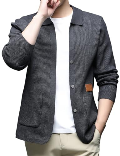 Dasongff Blazer de punto suave para hombre, cárdigan abierto en la parte delantera, suéter ligero, cuello Mandarín, corte ajustado, chaqueta deportiva casual, gris, M