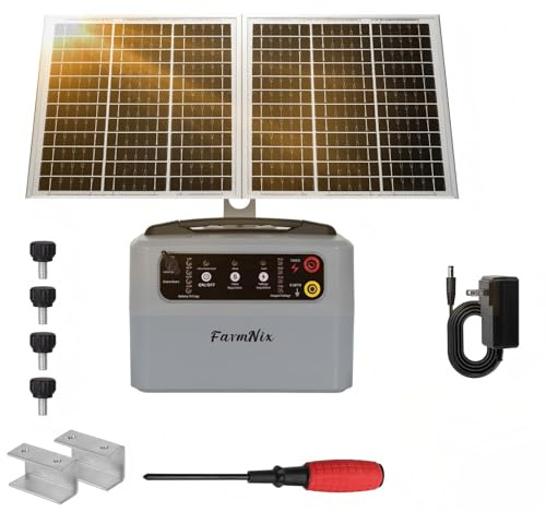 FarmNix Weidezaungerät SOLAR 12V 48KM , 0.3-1.5J, 6KV-12KV Einstellbar Elektrozaungerät，inkl. 15W-Solarpanel, 12V 7Ah Akku & Erdungsset für große und kleine Tiere (grau)
