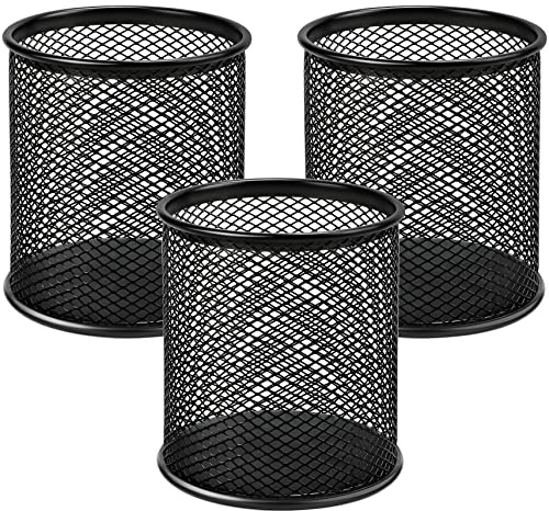 MaxGear Pen Holder, 3 Pack Pencil Holder for Desk, Premium Mesh Metal Desk Organizer with Non-Slip EVA Pad, Desk Accessories & Workspace Organizers for Home, School & Office, Black, 3.7’’ Tall