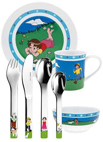Puresigns ONE Heidi Kindergeschirr Porzellan Kinderbesteck Edelstahl Poliert Silber 7-teilig