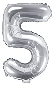 PartyDeco Folienballon Nummer 5 Silber-Geburtstag Hochzeit Jahrestag Folienballon Nummer 5- Silber Größe ca. 35 cm Geburtstag Hochzeit Verlobung Silvesterparty Folienballon Hel Deko Geburtstag