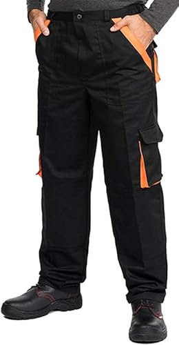 Pantalon de Travail Homme, avec des Poches Genouillere, Vetement Travail, Grande Taille S - XXXL, Pantalon Travail Homme, Cargo, Poches Multifonctions, Vetements de Travail, Noir/Orange, EU 46