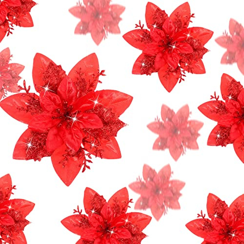 Geosar 24 Fleurs de Poinsettia de Noël Artificielles à Paillettes Poinsettias Scintillants de Mariage Décoration de Fleurs de Sapin de Noël avec Clips, 15 cm, 10 cm, 8 cm (Rouge)