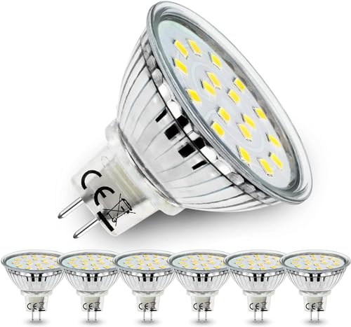 Allesgute Pack de 6 bombillas LED GU5.3 MR16, Blanco Frío 6000K, 5W, equiv. 45W Halógenas, 450lm, AC/DC 12V, Foco no regulable, Haz 120° Ancho