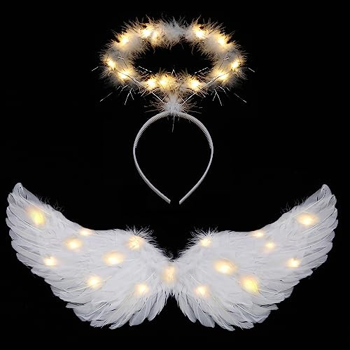 Ptesuply Ailes d'ange lumineuses et auréole avec lumières LED – 3 modes d'éclairage – Déguisement d'ange blanc pour Halloween, Noël, cosplay, fête (taille M, couleur chaude)